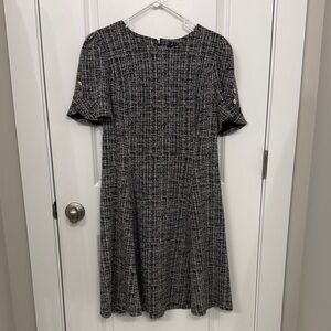 DKNY Black and White Tweed Midi Dress